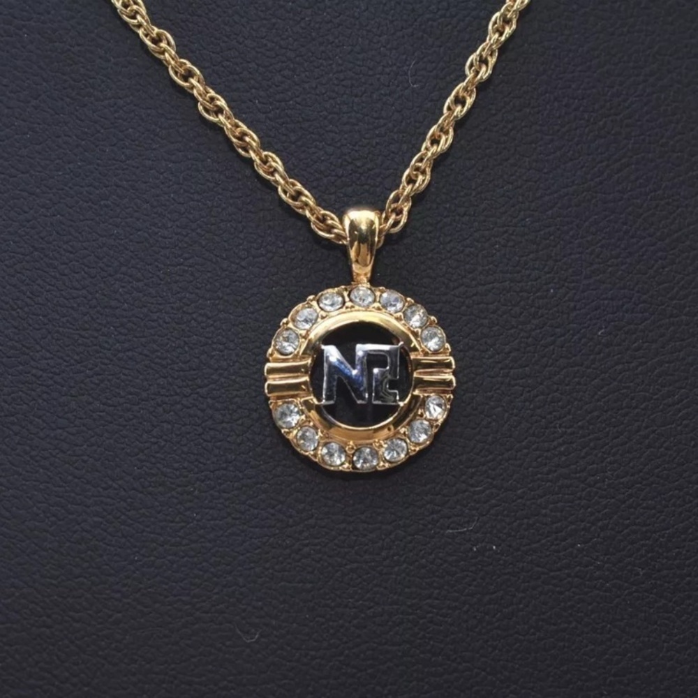 Nina Ricci Vintage Gold Tone Rhinestone Pendant Chain Necklace NR Logo Designer
